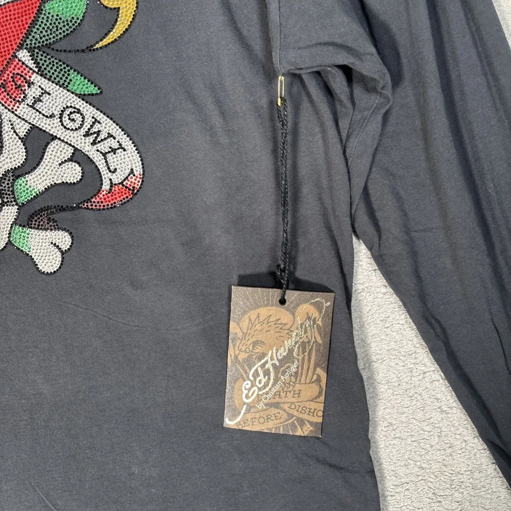 Ed Hardy Love Kills Slowly Long Sleeve Shirt Black Rhinestone Skull XL‎ NWT